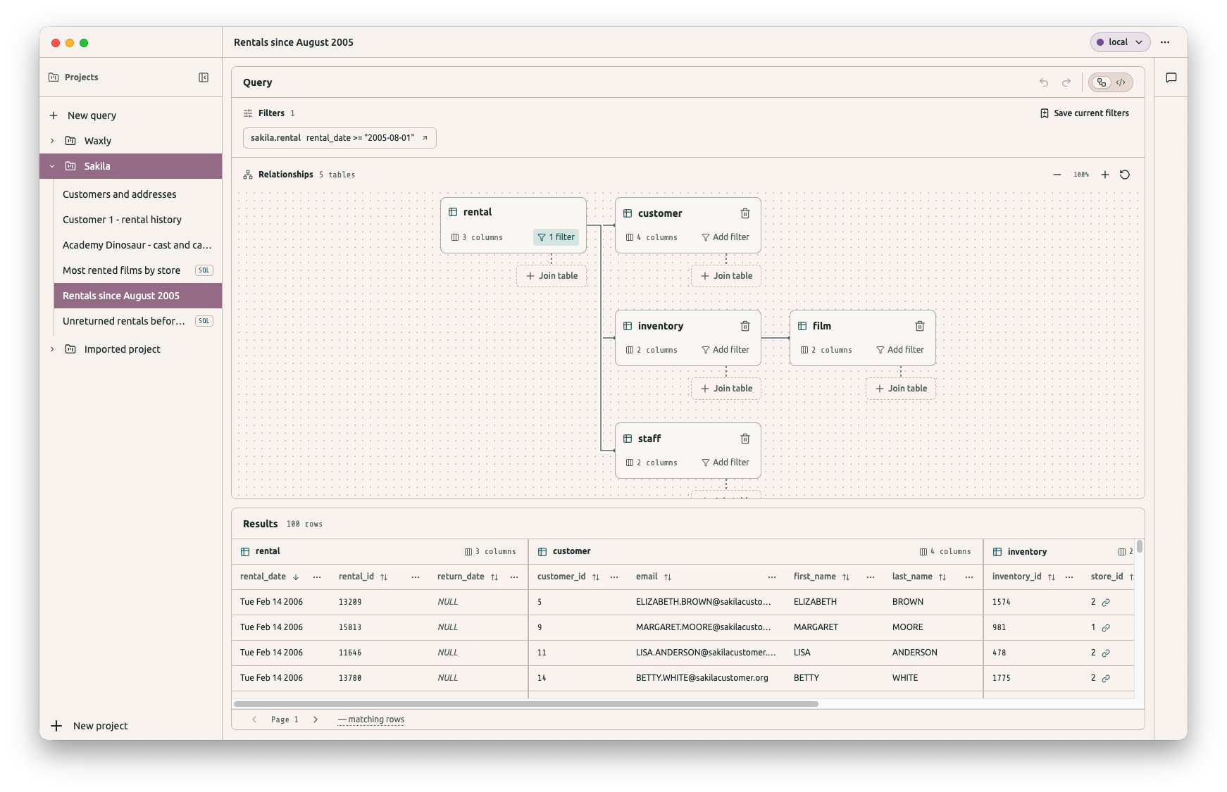 Quory’s SQL editor and results for a query showing the most rented films by store.